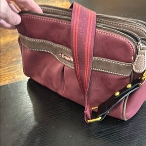 Red and Brown Leather Messenger Bag with Multiple Compartments